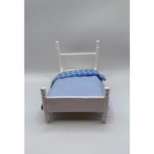 1:12 Scale Handmade Dollhouse Miniature Wood Bed White Painted w Blue Bedding
